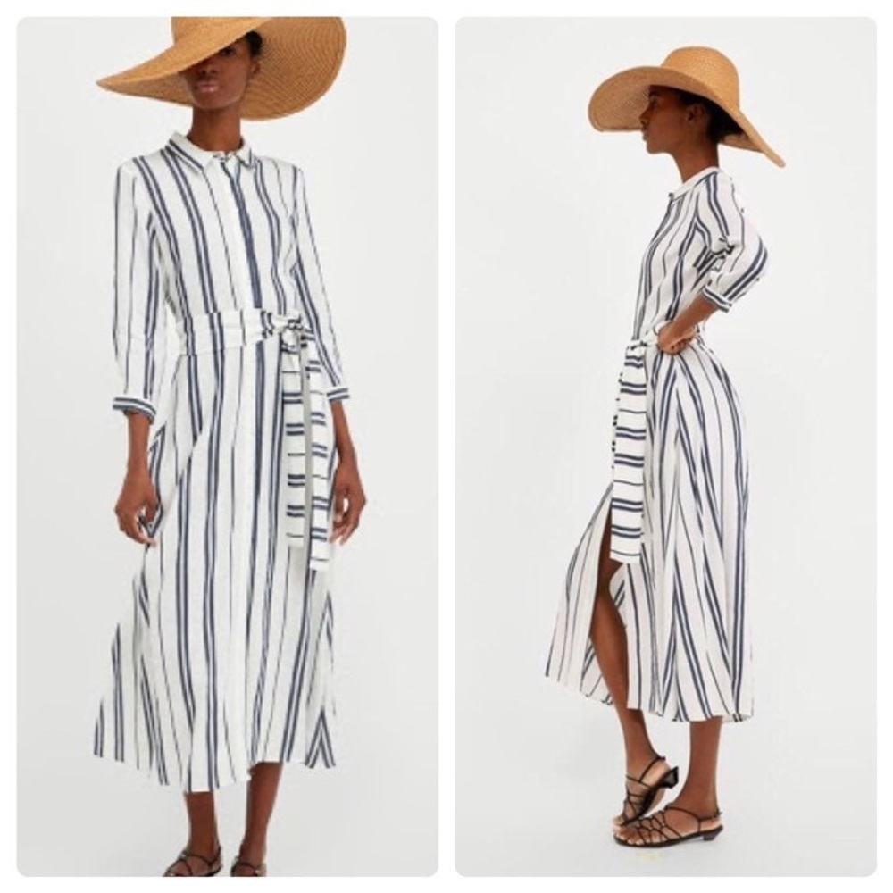 Zara Linen Blend Striped Shirt Dress Size XS NWOT